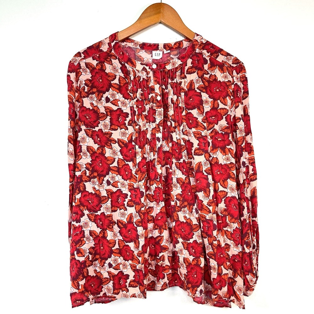 Gap Womens Floral 3/4 Sleeve Pintuck Blouse Top Size XXL Red Buttons Lightweight - Picture 2 of 12
